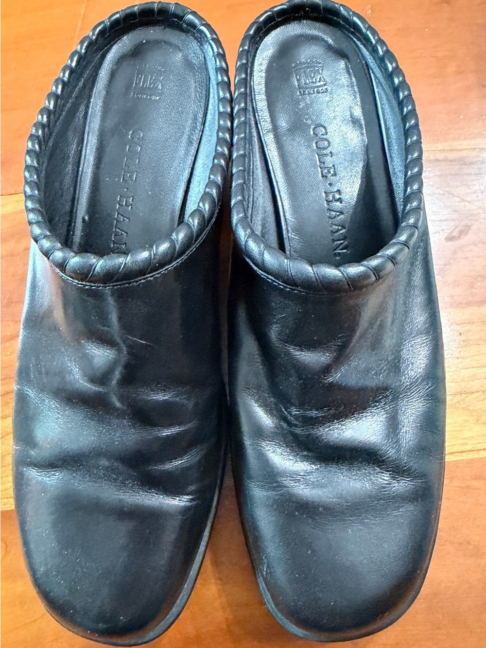 Cole Haan Black Leather Braided-Trim Slip-On Mules
